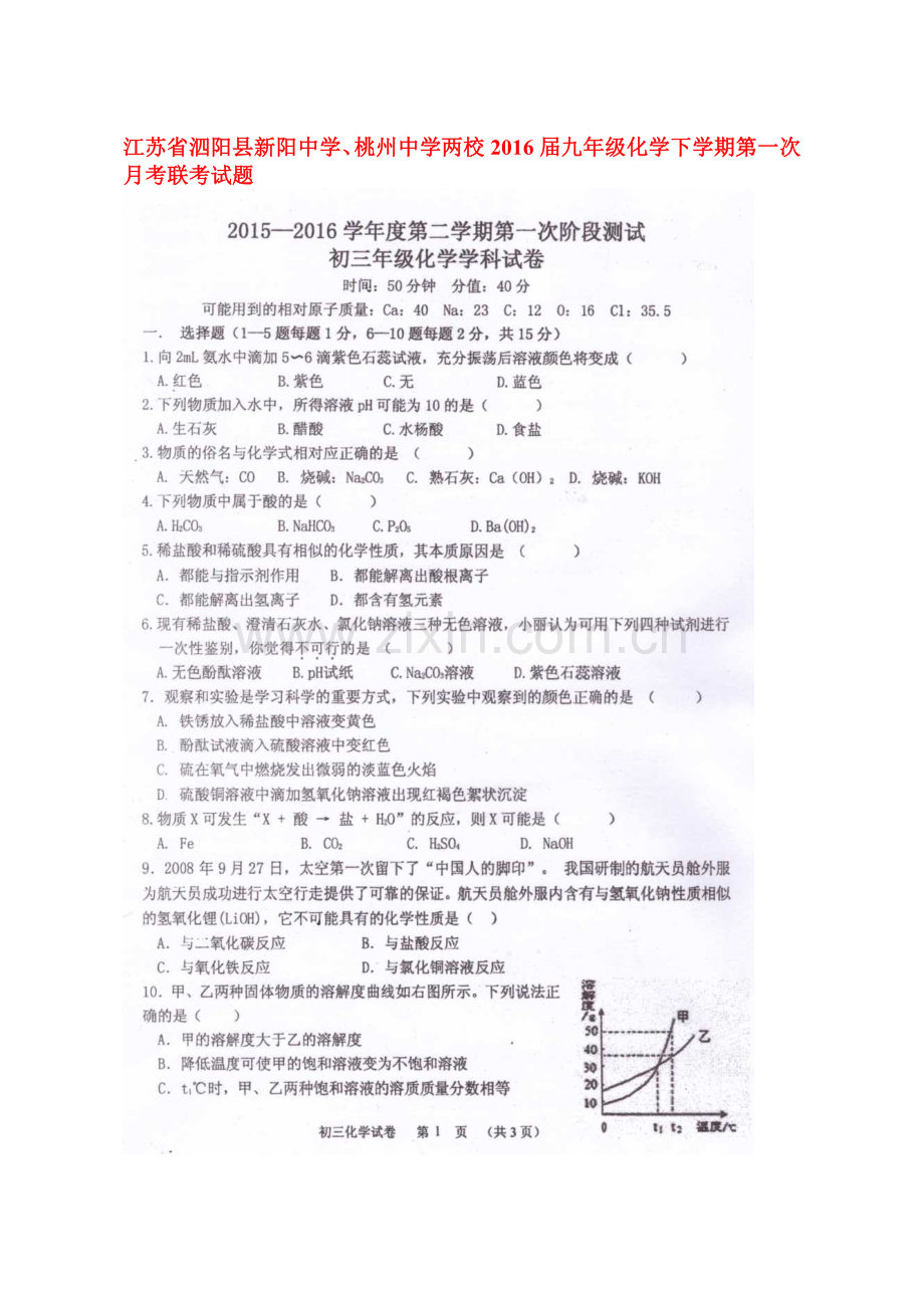 江苏省泗阳县2016届九年级化学下册第一次月考试题.doc_第1页