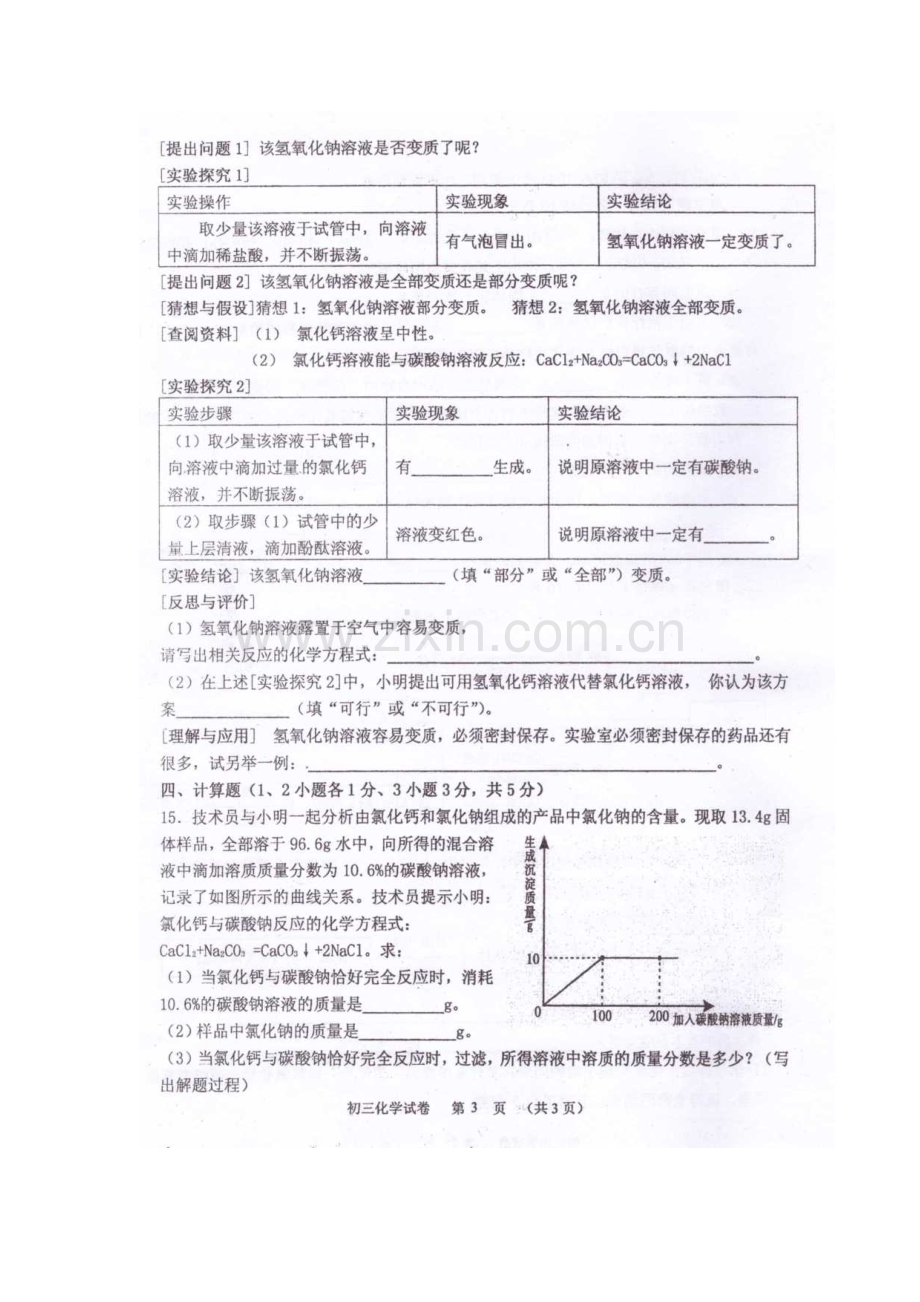 江苏省泗阳县2016届九年级化学下册第一次月考试题.doc_第3页