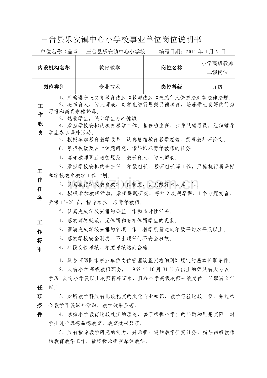 三台乐安小学校事业单位岗位说明书九级.doc_第1页