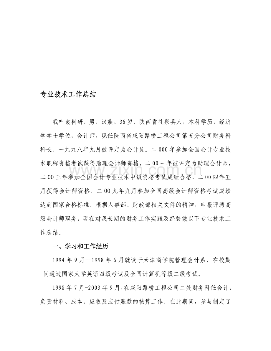 2袁科研参评高级会计师专业技术工作总结---复制.doc_第1页