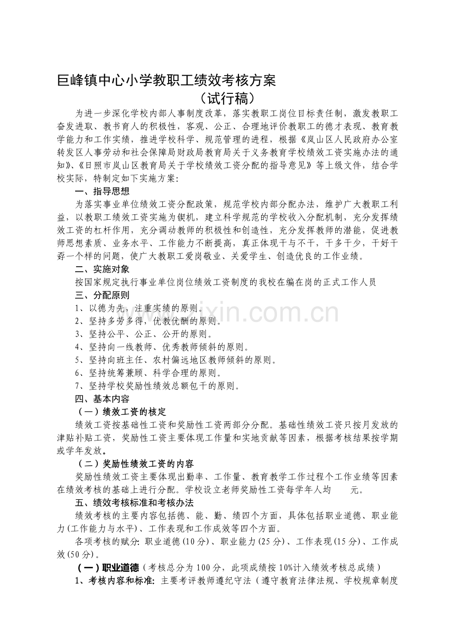 巨峰镇中心小学教职工绩效考核方案(讨论稿).doc_第1页