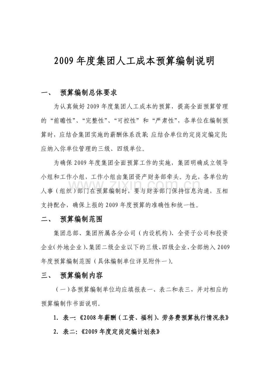 2009年度集团人工成本预算编制说明.doc_第1页