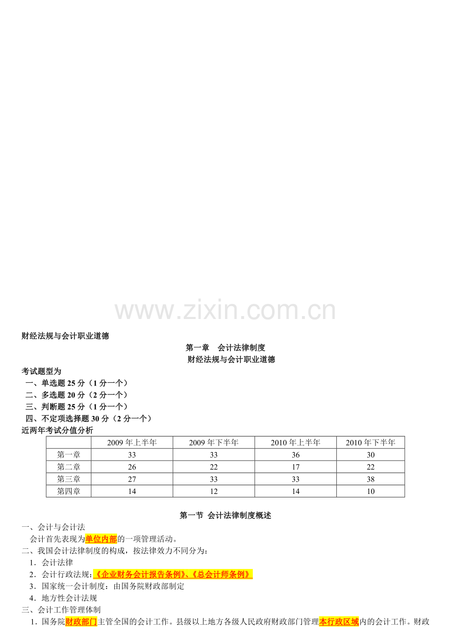 上海2011年会计从业资格考试《财经法规与会计职称道德》复习班讲义下载第1章-复习.doc_第1页