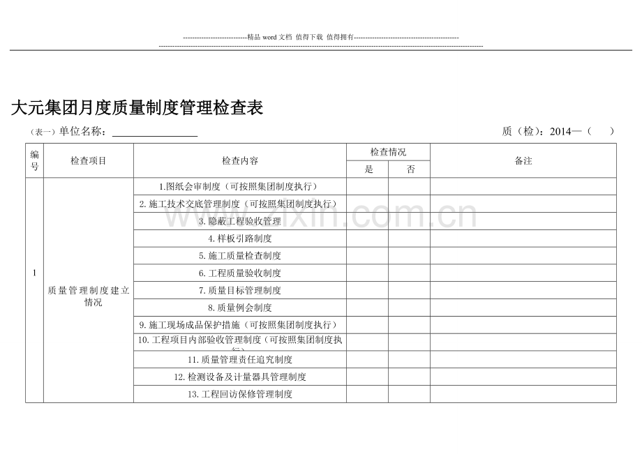 质量管理月度检查表(按照本表整理以上制度待查).doc_第1页