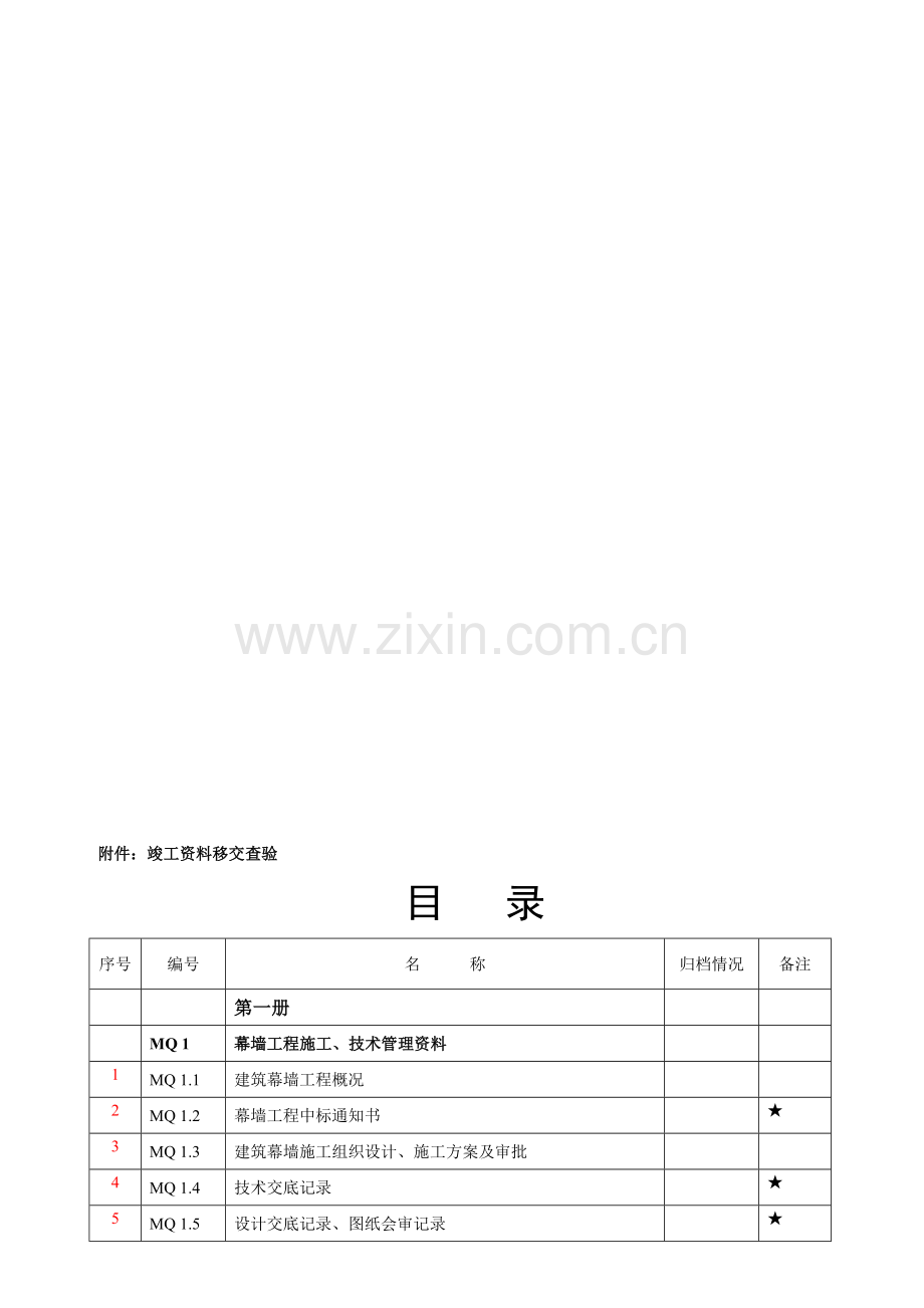 建筑幕墙竣工资料目录.doc_第1页