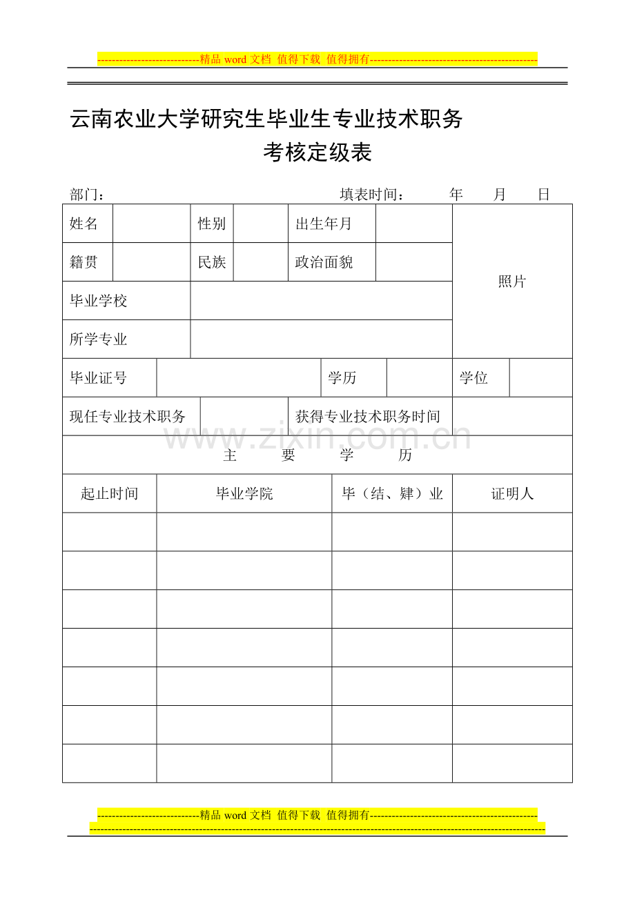 云南农业大学研究生毕业生专业技术职务考核定级表..doc_第1页