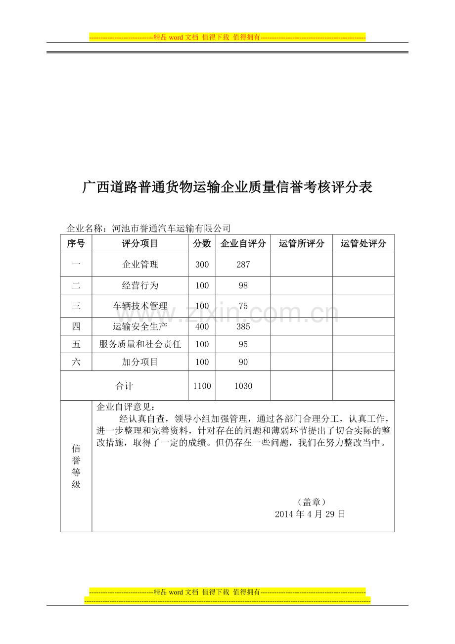 2013年度道路普通货物运输企业质量信誉考核评分汇总表..doc_第1页