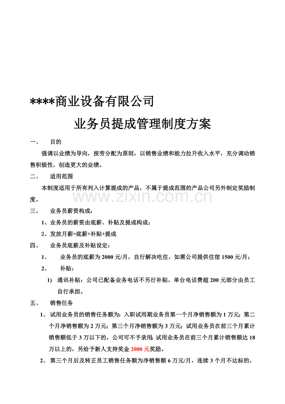 某有限公司业务员提成管理制度方案.doc_第1页