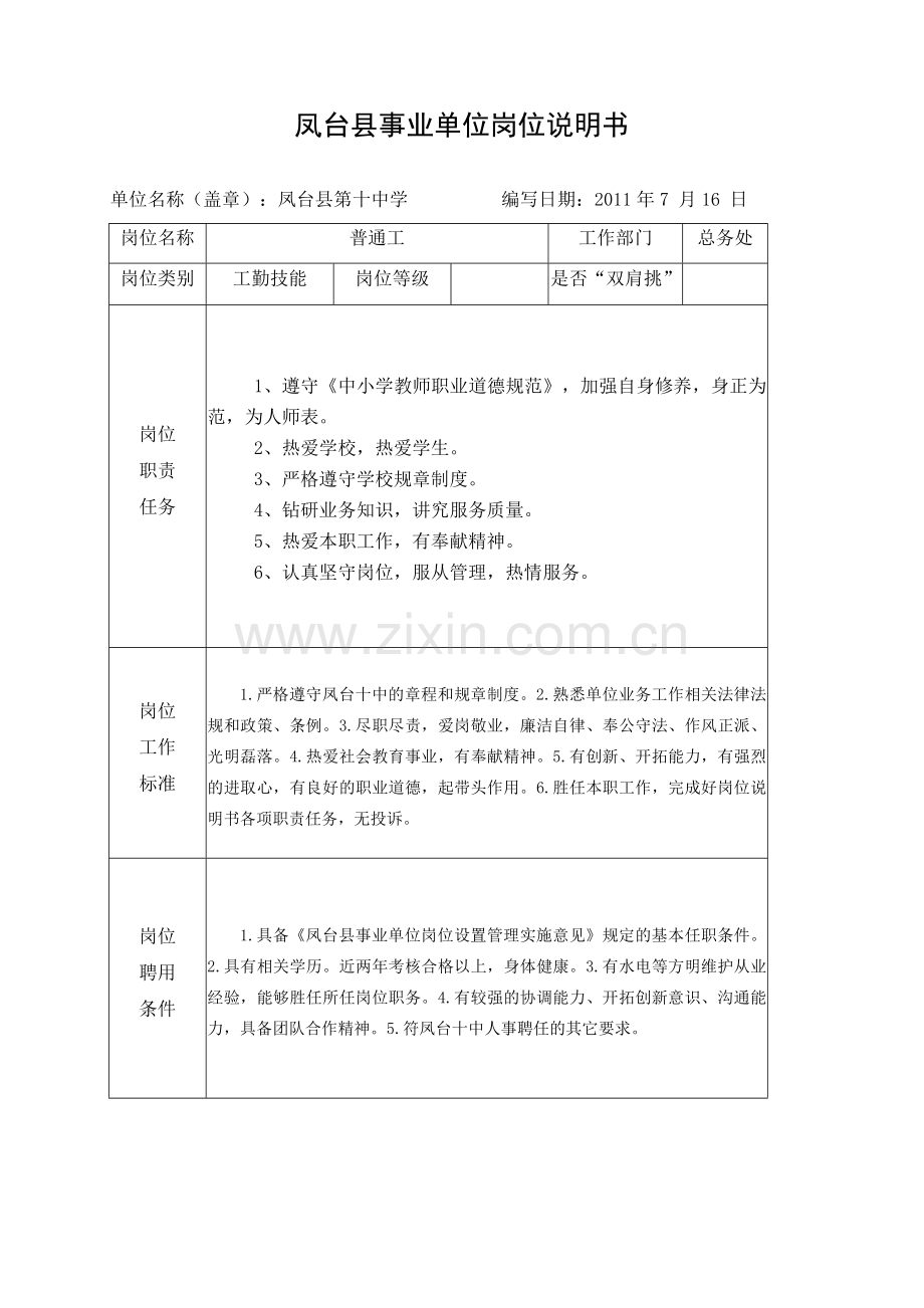 凤台县第十中学岗位设置说明书.doc_第1页