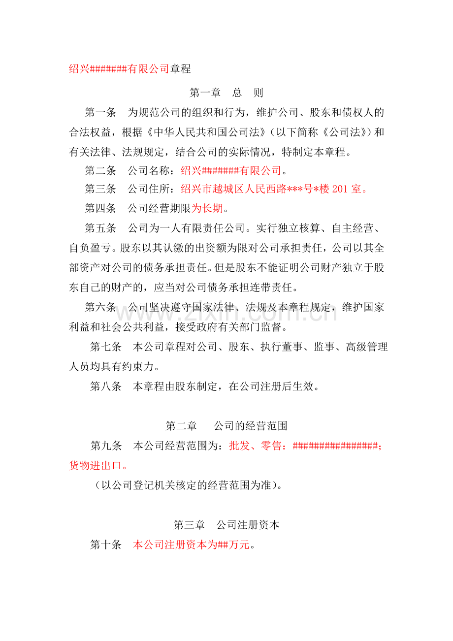 一人公司(自然人独资不设董事会)章程.doc_第1页