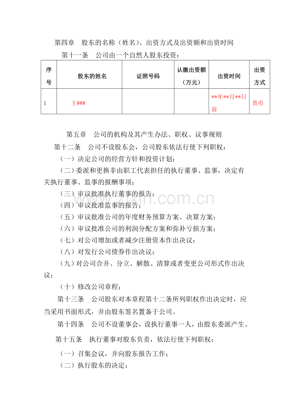 一人公司(自然人独资不设董事会)章程.doc_第2页