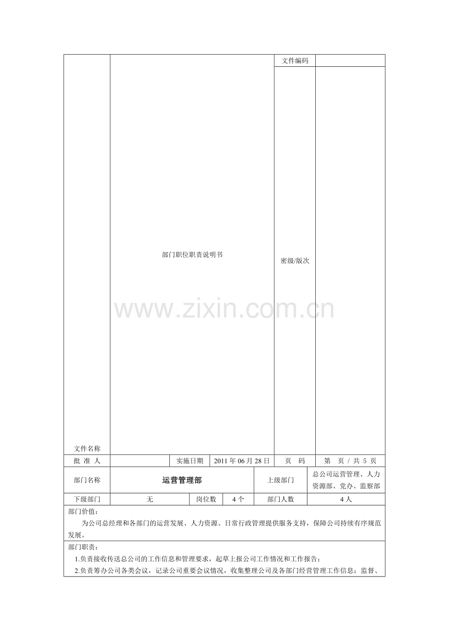 运营管理部部门岗位职责说明书.doc_第1页