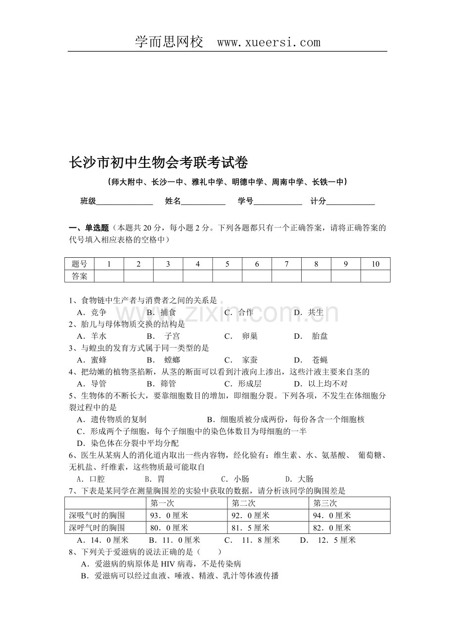 湖南省长沙市生物会考模拟试题.doc_第1页