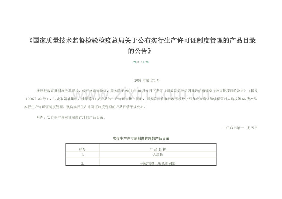 国家质量技术监督检验检疫总局关于公布实行生产许可证制度管理的产品目录的公告.docx_第1页