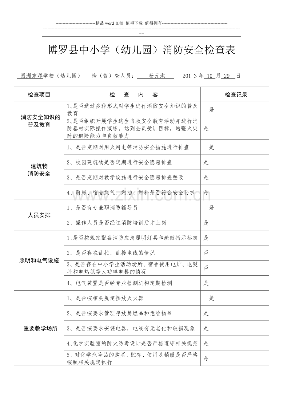 东晖学校消防安全检查表.doc_第1页