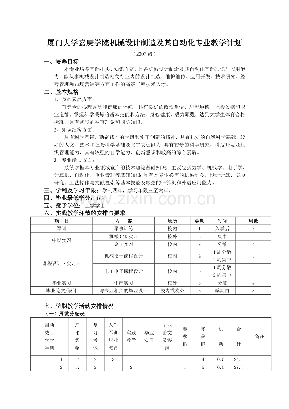 厦门大学嘉庚学院机械设计制造及其自动化专业教学计划2.doc_第1页