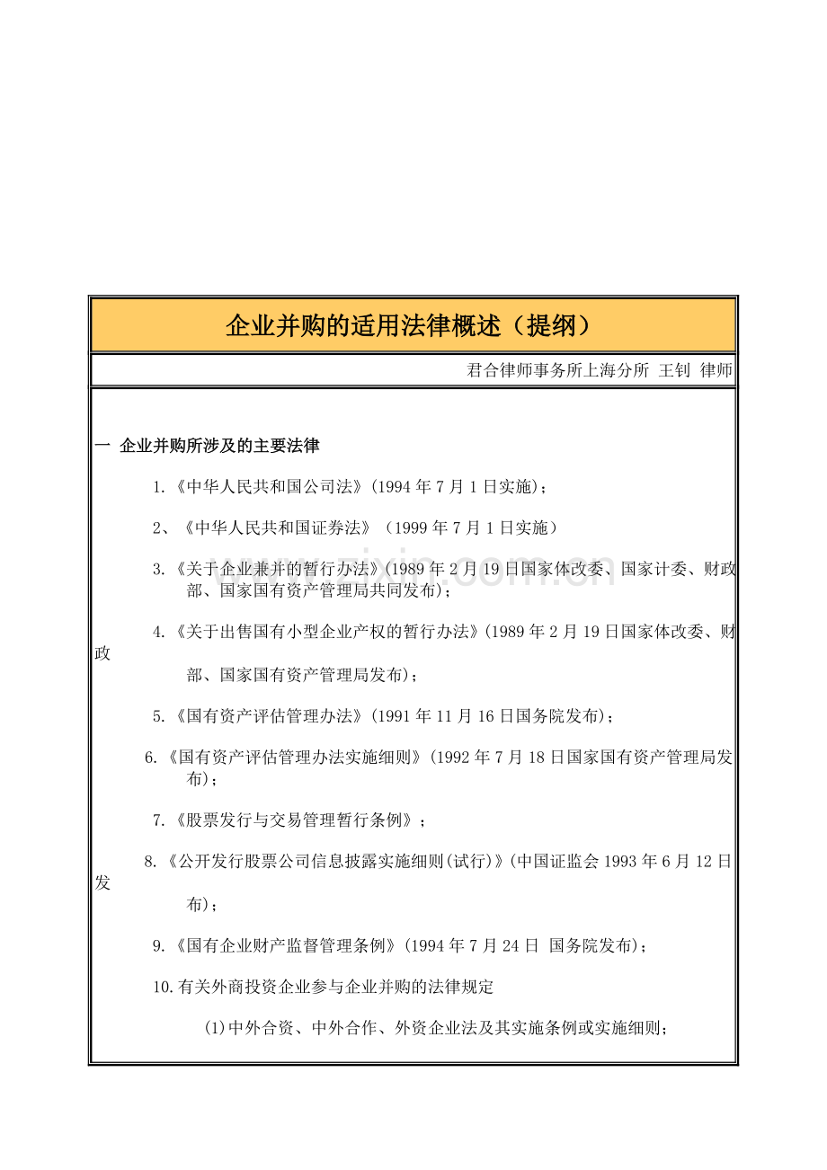 企业并购的适用法律概述(提纲).doc_第1页