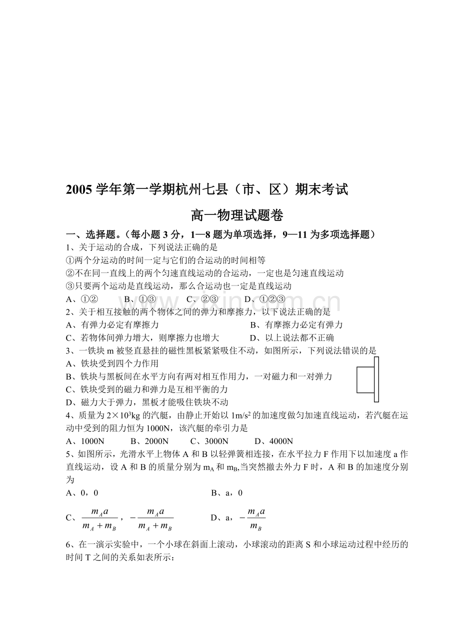 高一物理第一学期期末考试.doc_第1页