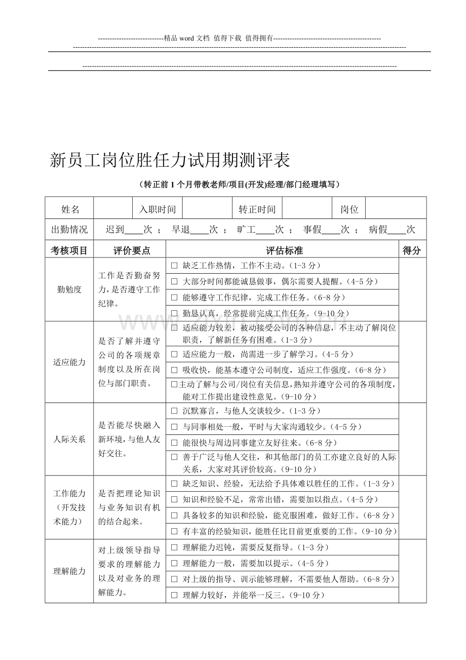 新员工岗位胜任力试用期测评表.doc_第1页