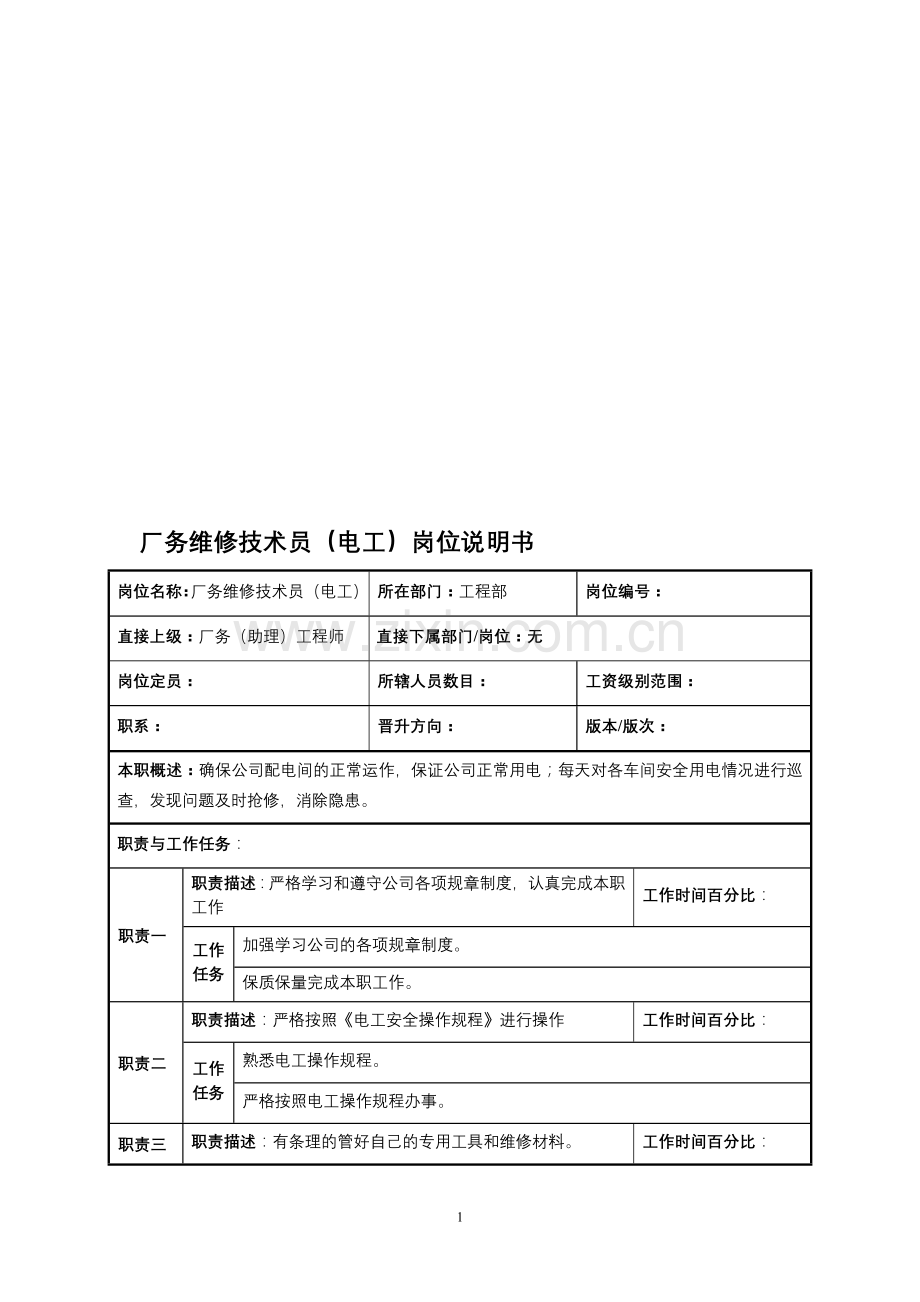 工程部岗位说明书-厂务技术员.doc_第1页