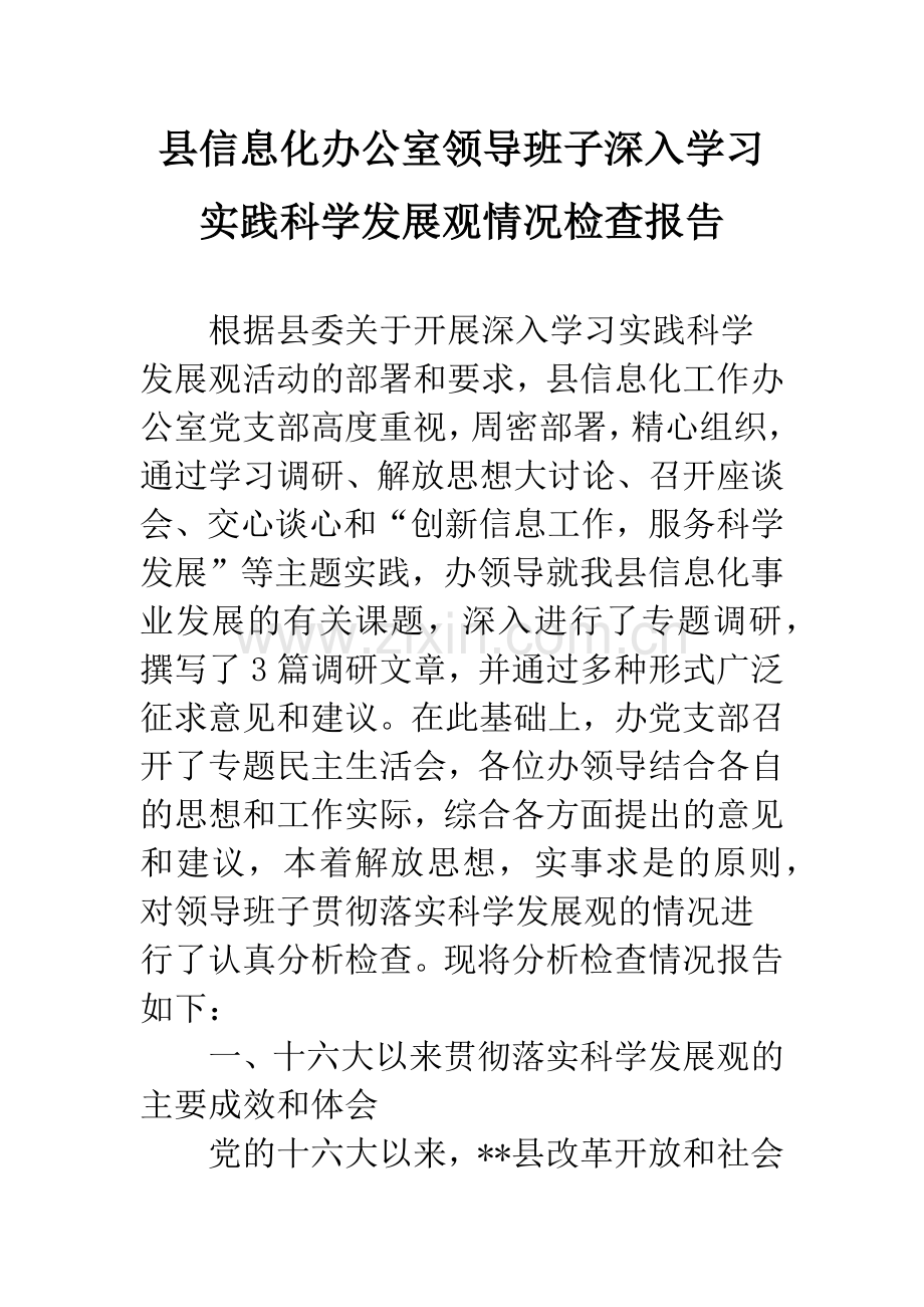 县信息化办公室领导班子深入学习实践科学发展观情况检查报告.docx_第1页