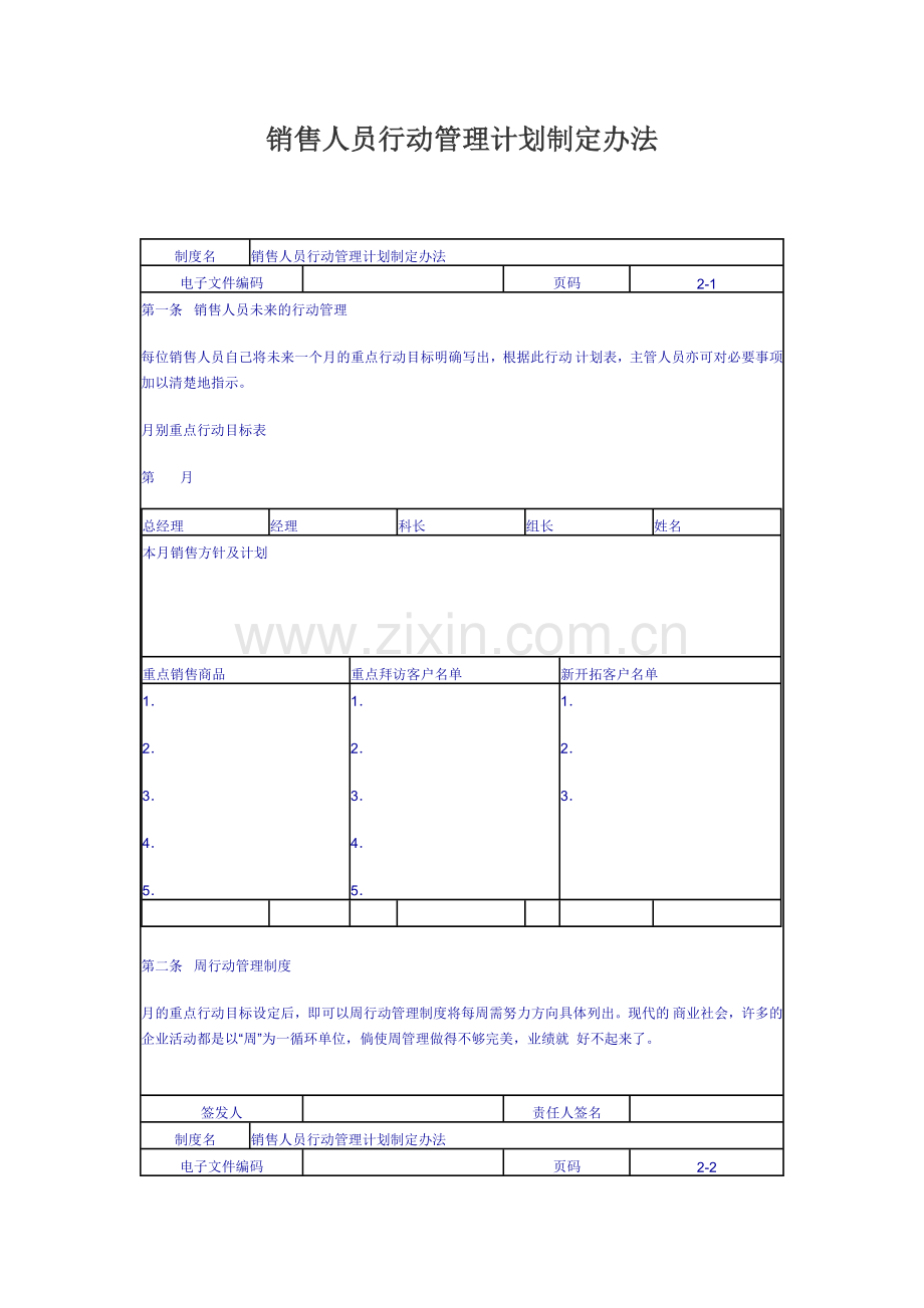 销售人员行动管理计划制定办法.doc_第1页