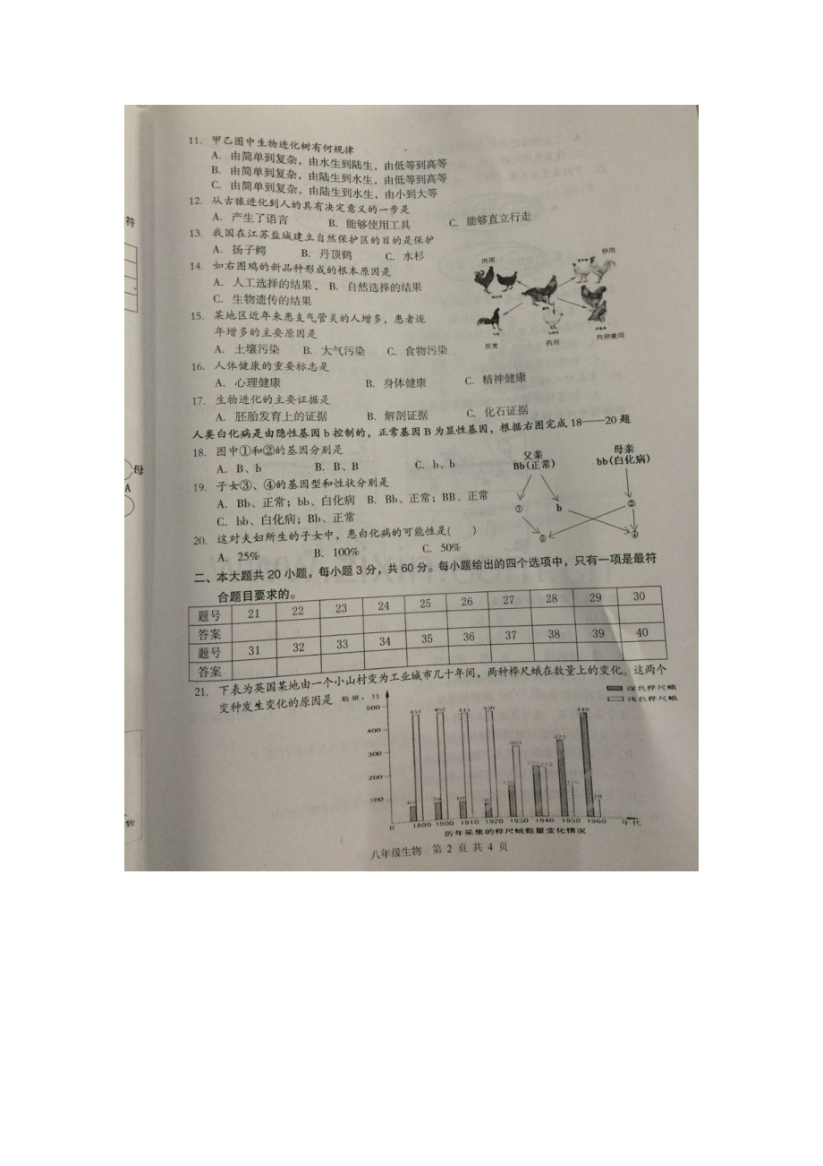 江苏省淮安市2015-2016学年八年级生物下册期中测试题.doc_第2页