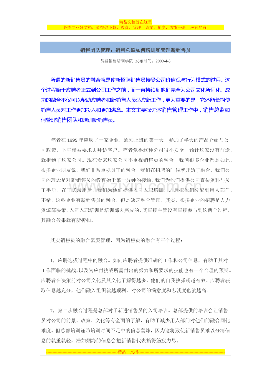 销售团队管理：销售总监如何培训和管理新销售员.docx_第1页