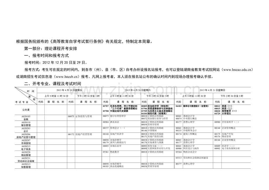 2013年04月湖南自考报考简章(笔试科目安排).doc_第1页