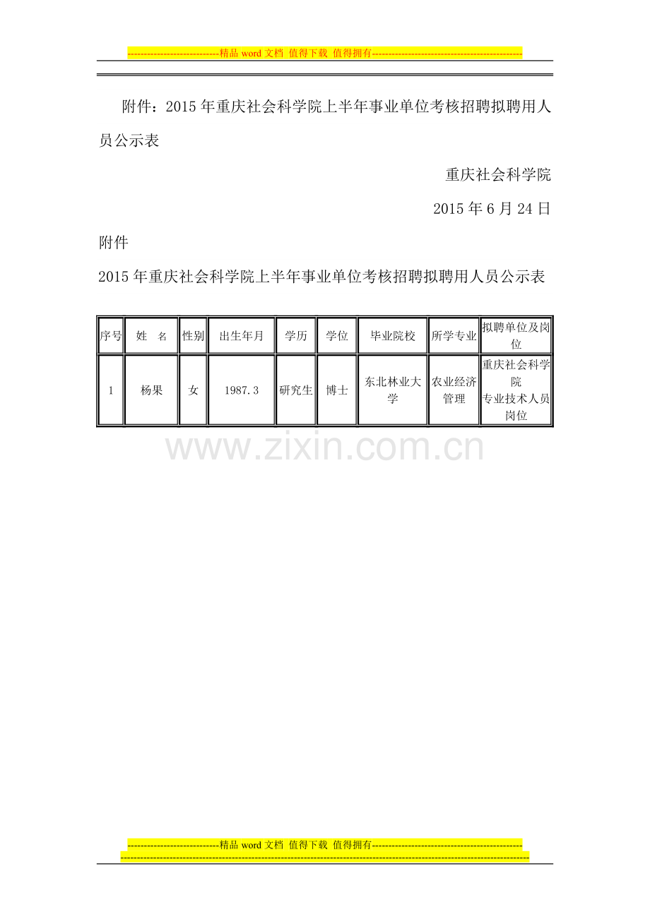 2015年重庆社会科学院上半年事业单位考核招聘拟聘用人员公示..doc_第2页