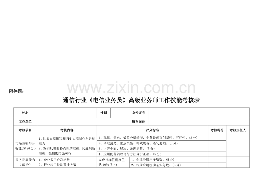 通信行业《电信业务员》高级业务师工作技能考核表..doc_第1页