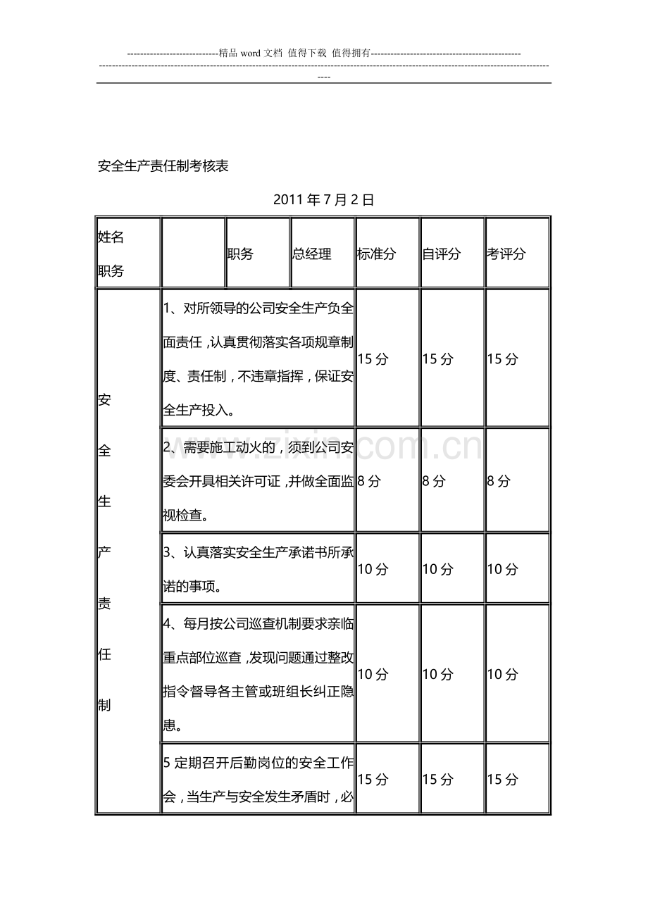 企业安全生产责任制考核表..doc_第1页