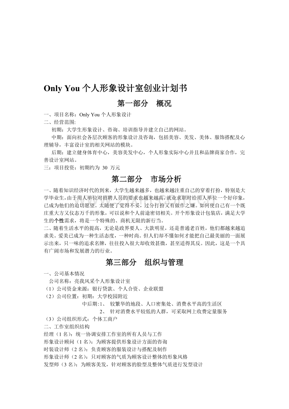 Only-You个人形象设计创业计划书.doc_第1页