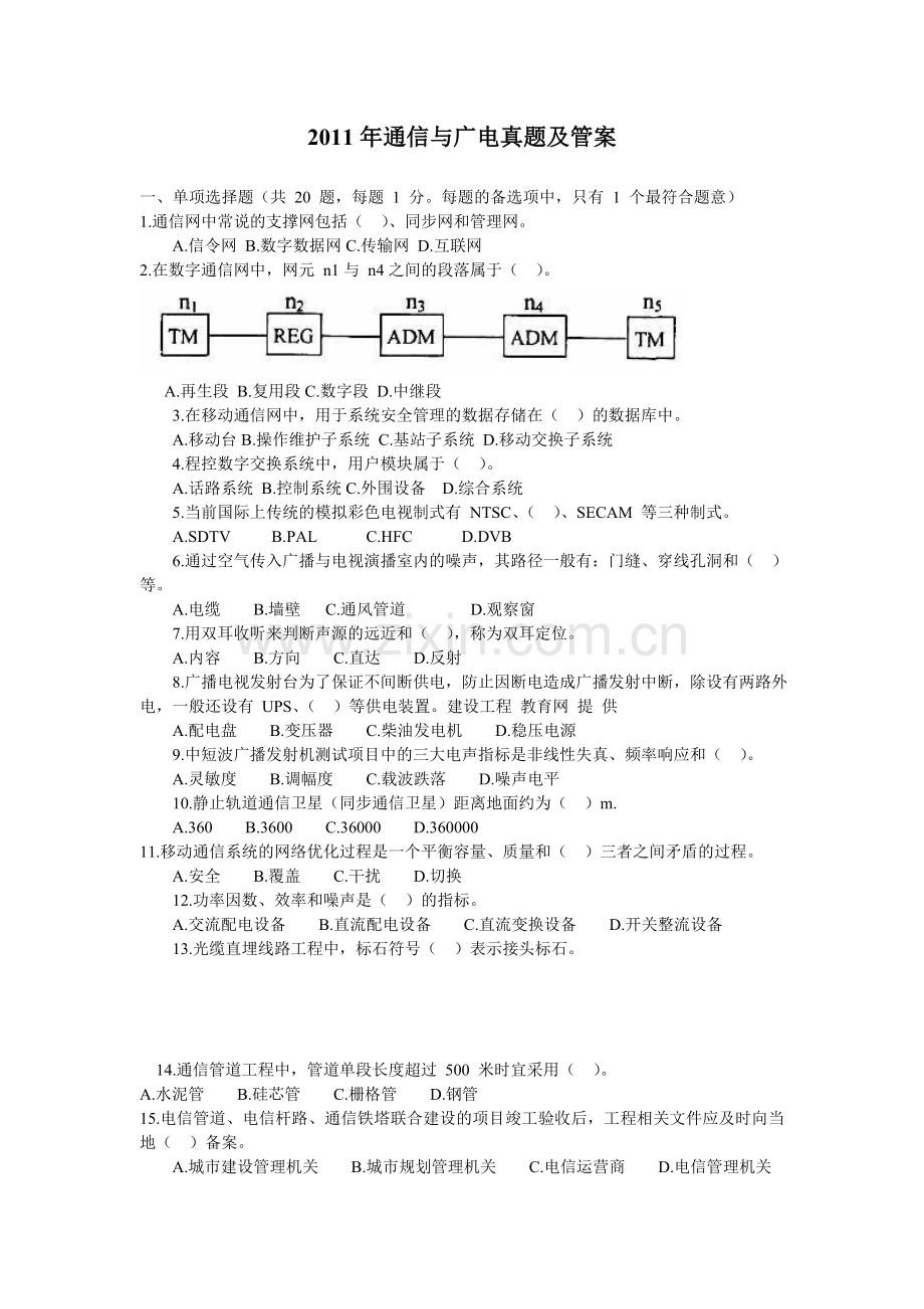 一级建造师通信与广电工程真题及参考答案.doc_第1页