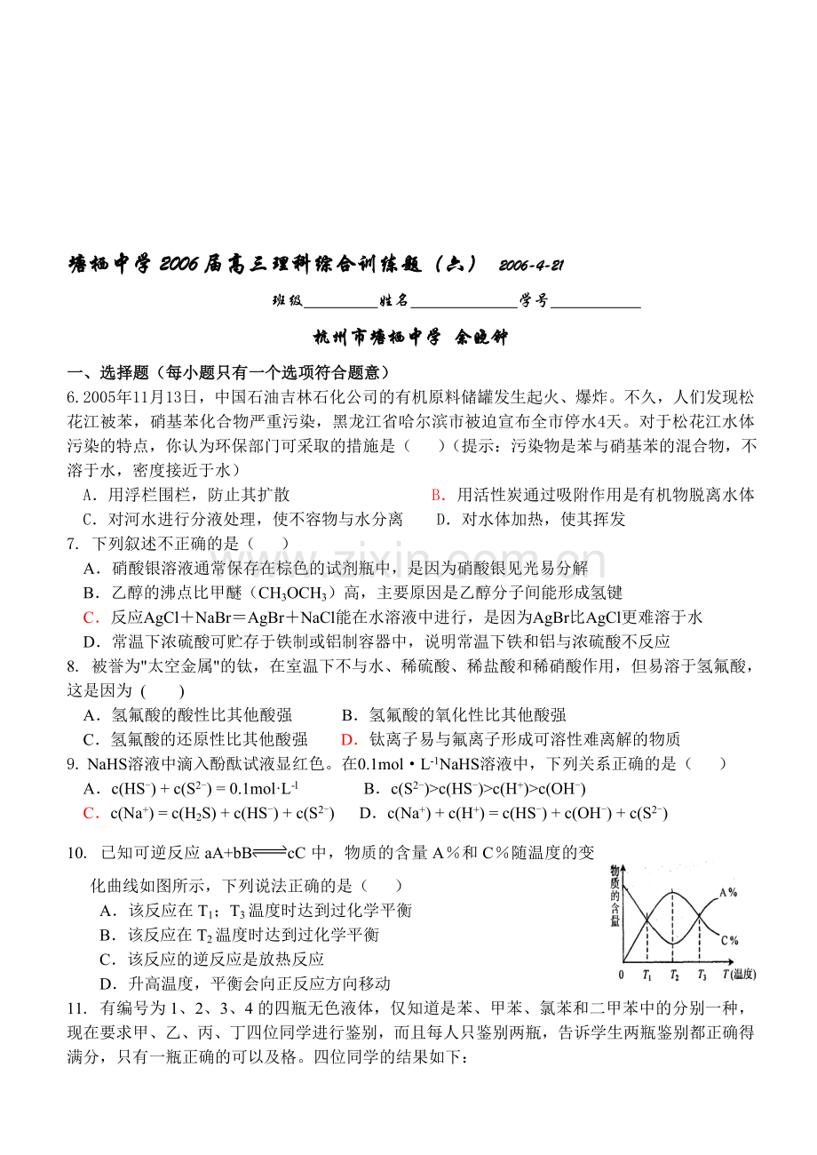 高考化学理科综合训练题(六).doc_第1页