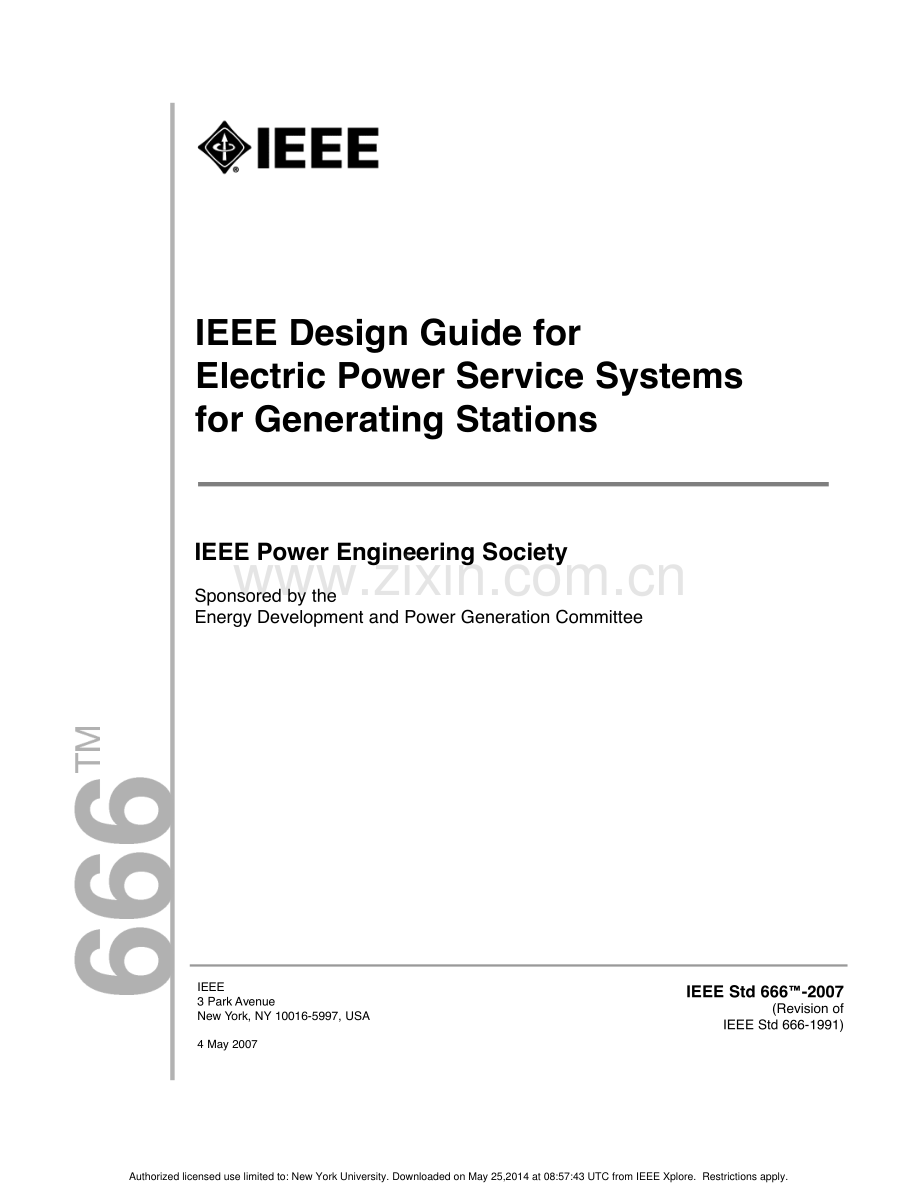 IEEE 666-2007 发电站电力服务系统设计导则.pdf_第1页