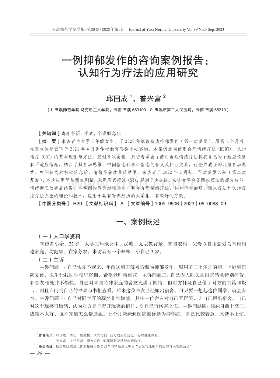 一例抑郁发作的咨询案例报告：认知行为疗法的应用研究.pdf_第1页