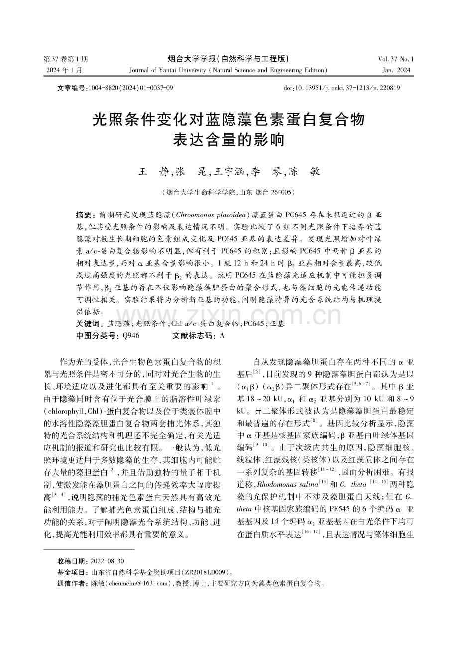 光照条件变化对蓝隐藻色素蛋白复合物表达含量的影响.pdf_第1页