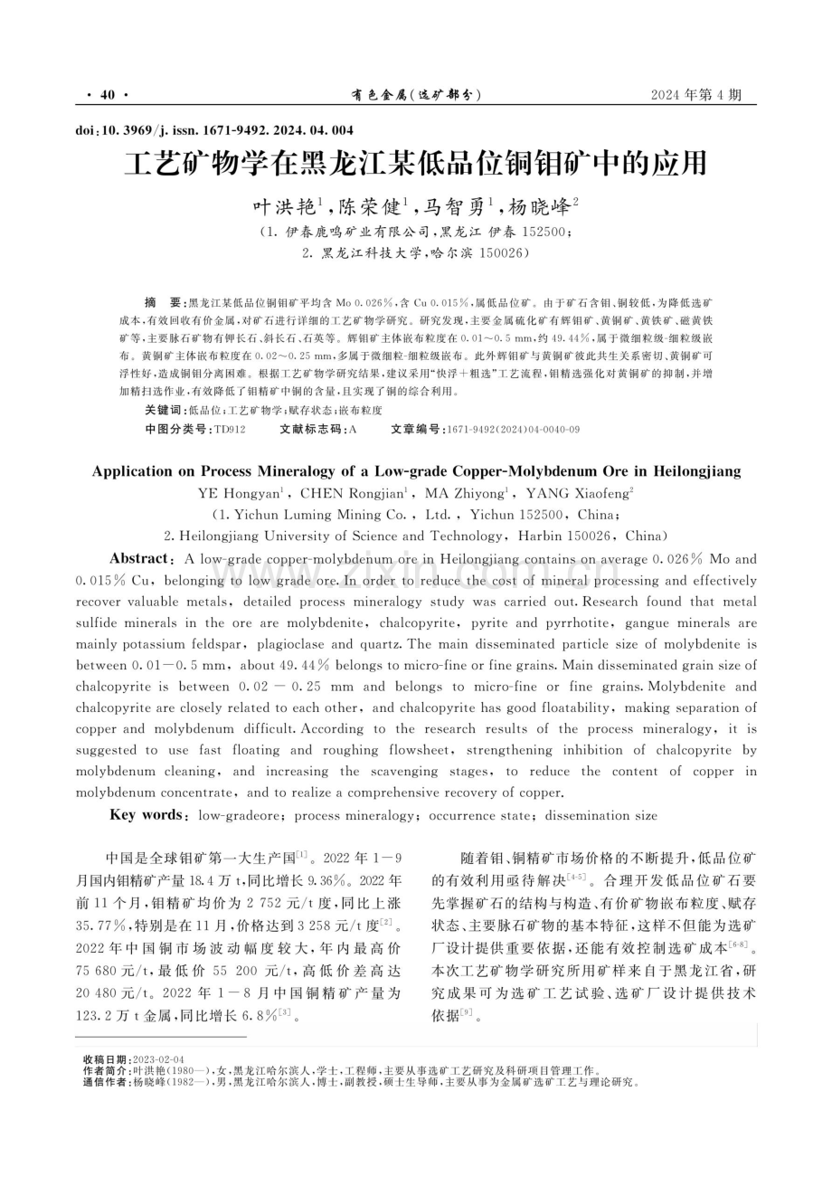 工艺矿物学在黑龙江某低品位铜钼矿中的应用.pdf_第1页