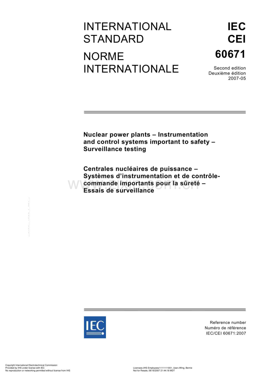 IEC 60671：2007 核电站 安全重要的仪表和控制系统 监视测试.pdf_第1页