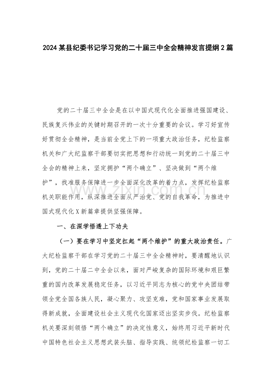 2024某县纪委书记学习党的二十届三中全会精神发言提纲2篇.docx_第1页