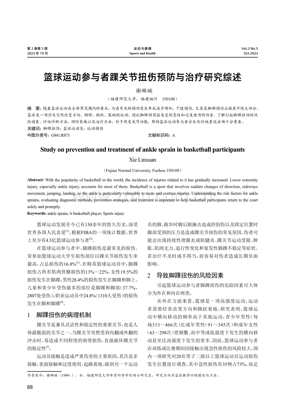 篮球运动参与者踝关节扭伤预防与治疗研究综述.pdf_第1页