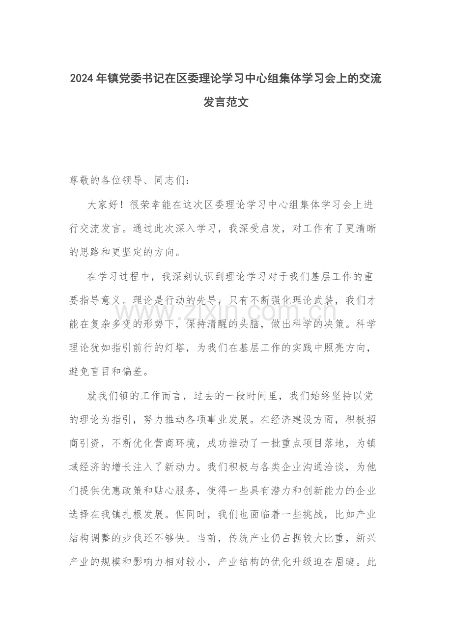 2024年党委书记在理论学习中心组集体学习会上的交流发言范文.docx_第1页