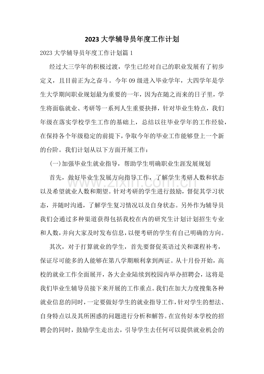 2023大学辅导员年度工作计划.docx_第1页