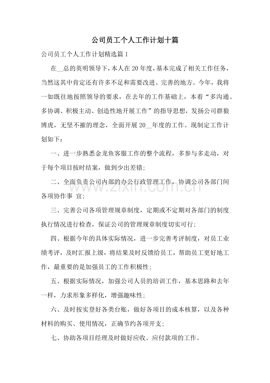 公司员工个人工作计划十篇.docx_第1页