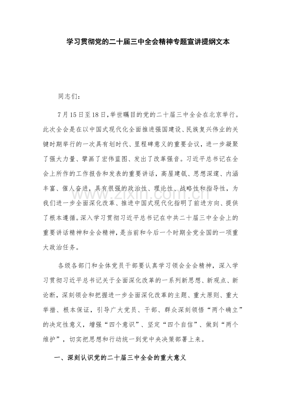 学习贯彻党的二十届三中全会精神专题宣讲提纲文本.docx_第1页