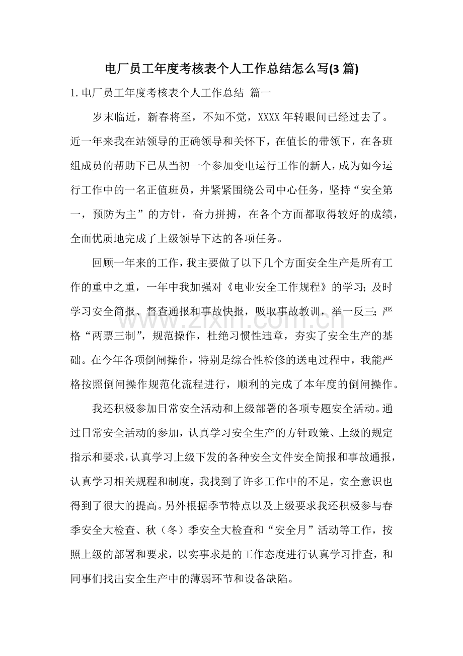 电厂员工年度考核表个人工作总结怎么写(3篇).docx_第1页