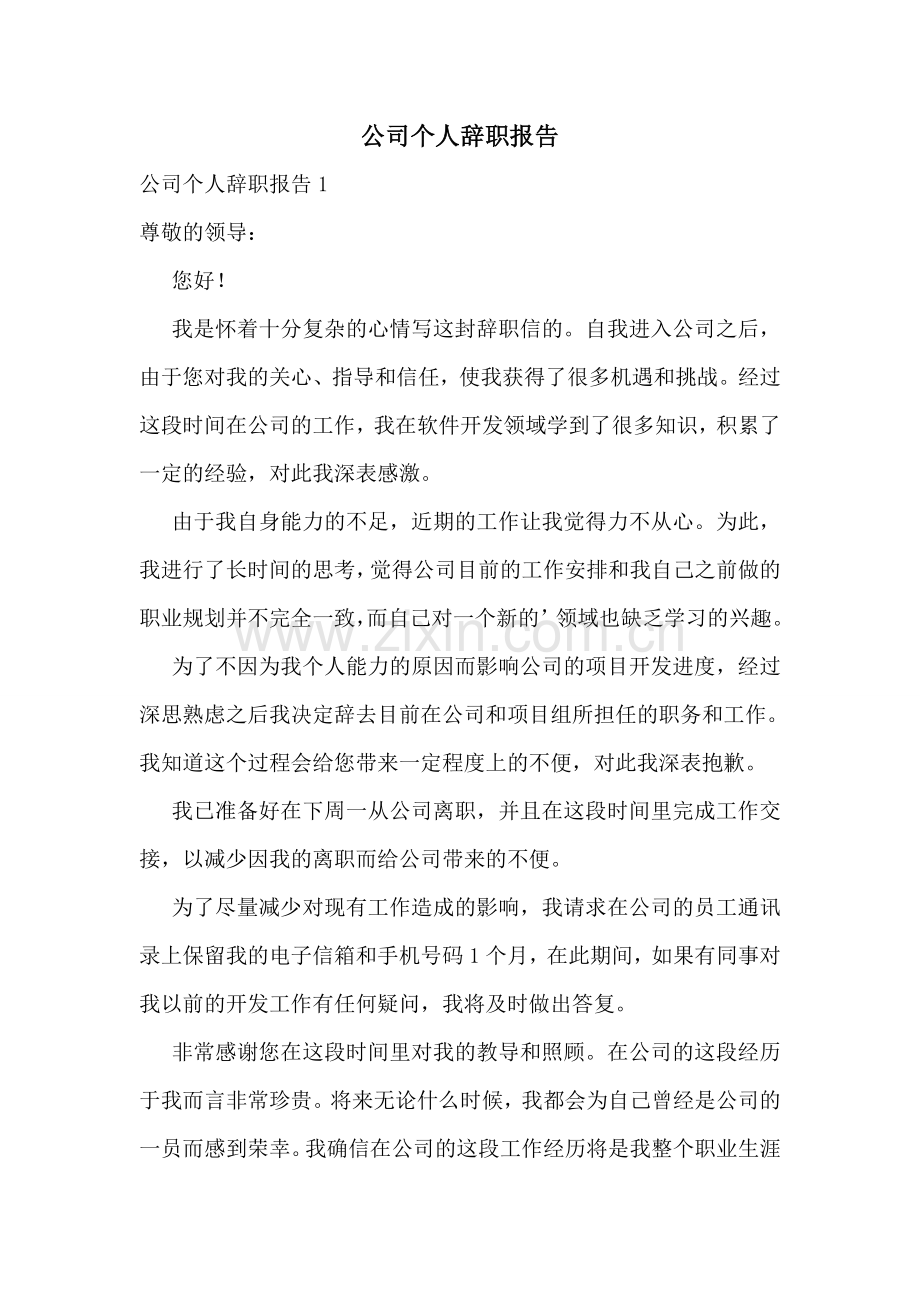 公司个人辞职报告.doc_第1页