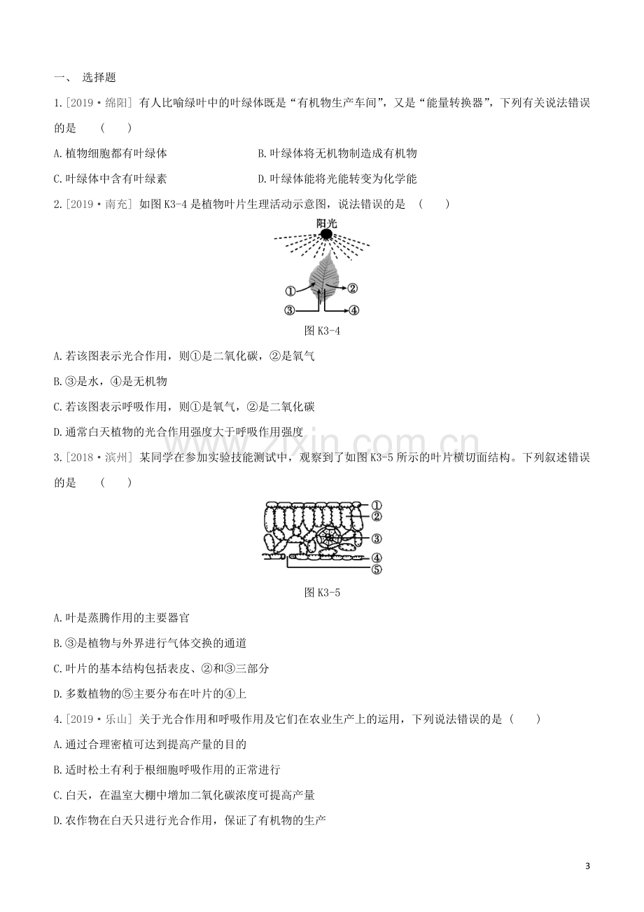 徐州专版2020中考生物复习方案第三单元生物从环境中获取物质和能量课时训练03绿色植物是有机物的生产者试题.docx_第3页