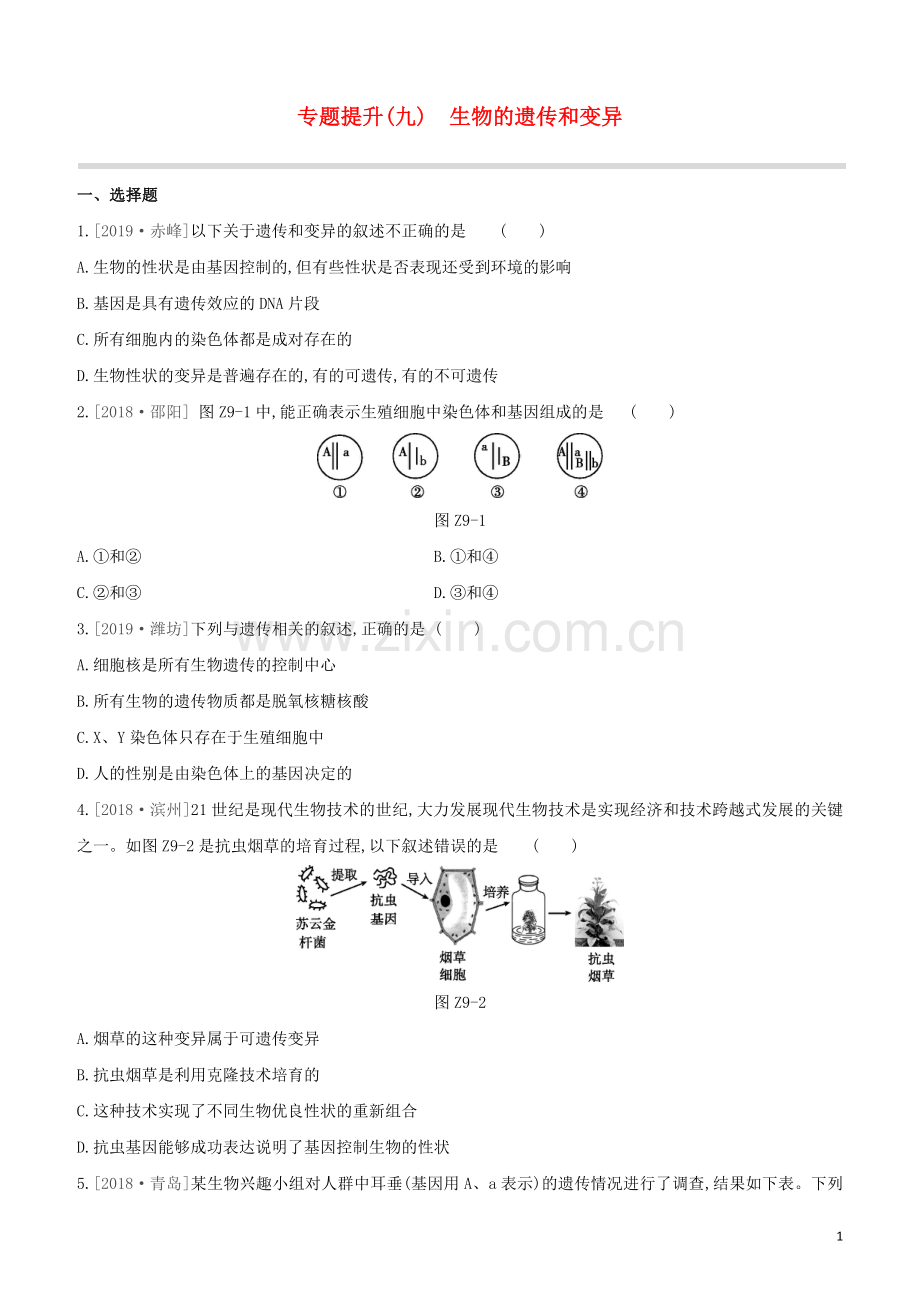 鄂尔多斯专版2020中考生物复习方案专题提升09生物的遗传和变异试题.docx_第1页